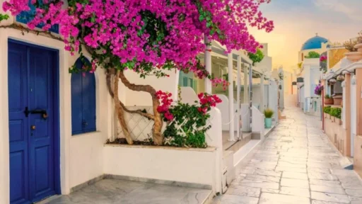 En gata en tidig morgon i de gamla Santorini