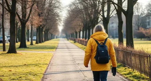 Kvinna år på promenad i vntertid