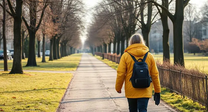 Kvinna år på promenad i vntertid